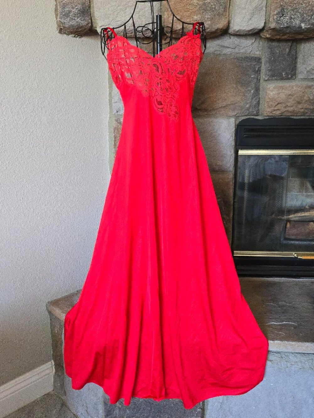 1970s Lily of France Red Nightgown Slip Dress with Lace